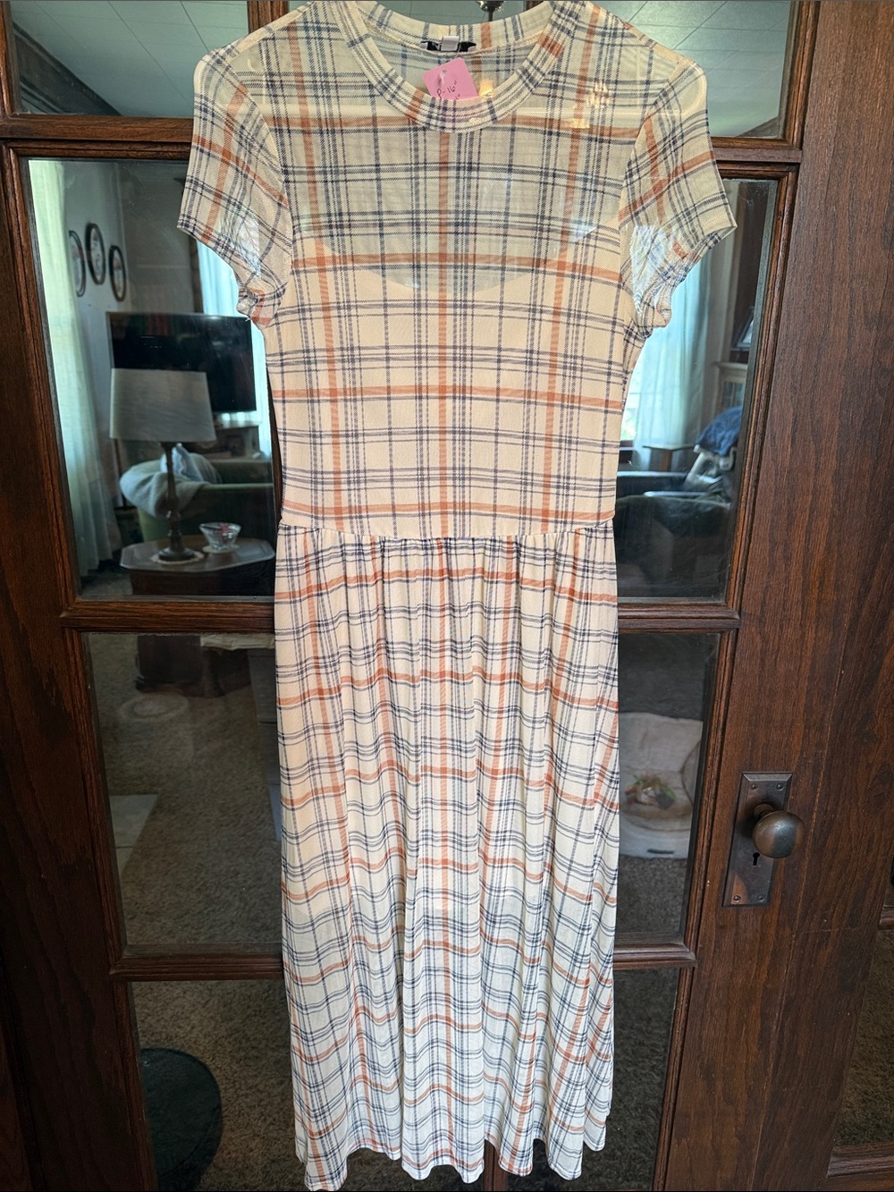 AUW Plaid Mesh Short Sleeve Midi Dress Cream Blue Orange Womens M Schoolgirl